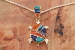 Calvin Begay Genuine Gemstones Sterling Silver Reversible Turtle Pendant